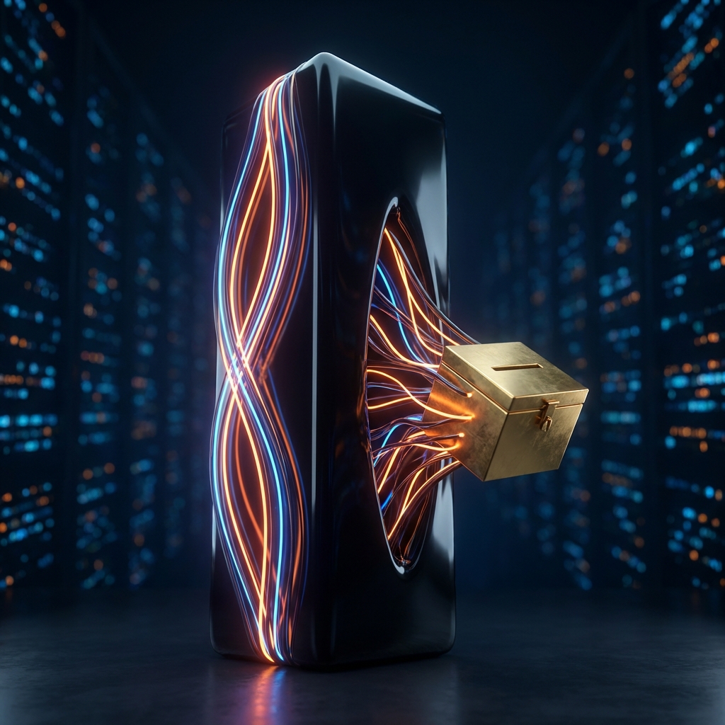 A sleek, monolithic machine absorbing a stylized ballot box, representing the algorithmic threat to democracy.