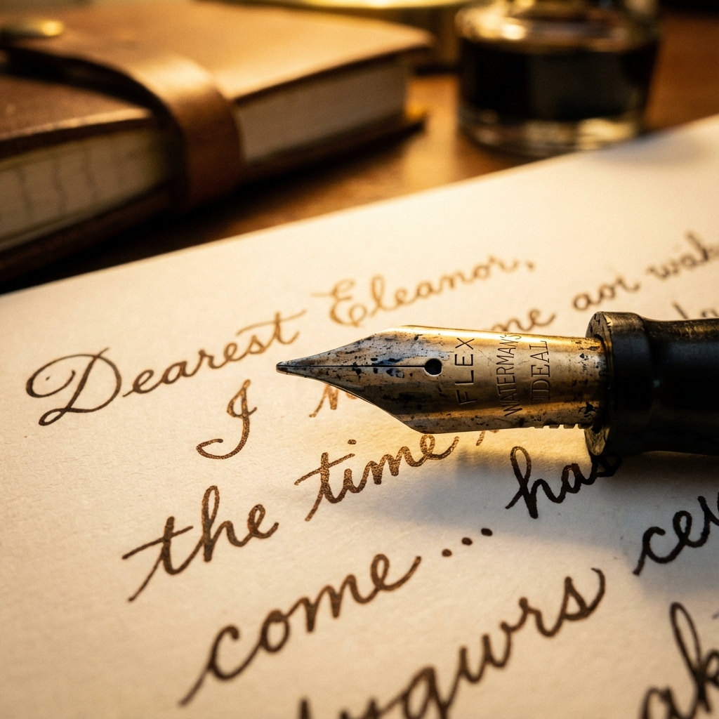 A close-up of a vintage fountain pen nib, ready to write.